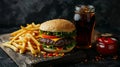 burger cola fries. Selective focus.