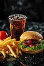 burger cola fries. Selective focus.