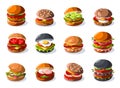 Burger collection. Cartoon raw beef sliced sandwich with lettuce tomato cheese, fast food meal with sauce. Vector burger Royalty Free Stock Photo