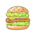 Burger, color drawing with black one continuous line. Sketch icon of savory american hamburger. Stylized hand drawn illustration