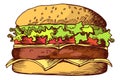 Burger color sketch. Hand drawn fast food symbol