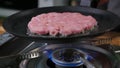 Burger cutlet on metal pan. Background, succulent.