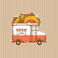 Burger delivery design template. Classic food truck with festival food. Vector illustration