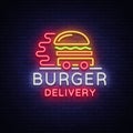 Burger delivery logo in neon style. Neon sign, light banner, design template, night neon advertising food delivery