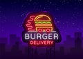 Burger delivery logo in neon style. Neon sign, light banner, design template, night neon advertising food delivery
