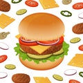 Burger with different fresh ingredients on white background.