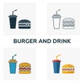 Burger And Drink icon set. Four elements in diferent styles from fastfood icons collection. Creative burger and drink icons filled