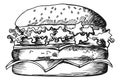 Burger engraving. Tasty fast food menu symbol