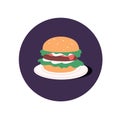 Burger, fast food icon. Abstract hamburger with lettuce, meat cutlet and sauce between buns. American sandwich with