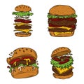 Burger fast food icons set, bitten burger, double hamburger and burger layers