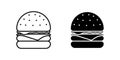 Burger fast food isolated icon set. Outline hamburger with tomato, bow, greens, juicy fried beef cutlet, cheese slice in