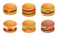 Burger. Fast food kitchen with different burghers exact vector cartoon illustration snacks with meat and cheese Royalty Free Stock Photo