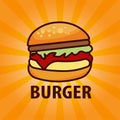 Burger fast food meal advertising poster with rays and lettering inscription. Delicious hamburger or cheeseburger promotional