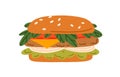 Burger, fast food with meat cutlet, vegetables filling between buns. American snack, hamburger sandwich with cheese