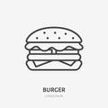 Burger flat line icon. Vector thin sign of fast food cafe logo. Hamburger, sandwich illustration