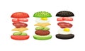 Burger with Floating Layer Ingredients as Fast Food Recipe Vector Set