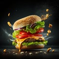 Burger with flying ingredients isolated on black background. 3d rendering Royalty Free Stock Photo