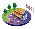 Burger Food Truck Isometric Artwork where there is a park beside and people are eating food.