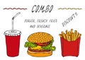 Burger, French Fries in a Box and Paper Cup of Cola Combo Discount. Advertisement Street Fast Food Menu. Hand Drawn High Quality C