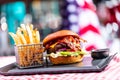 Burger and french fries meal in american restaurant