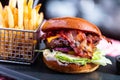 Burger and french fries meal in american restaurant