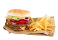 Burger and french fries on paper Royalty Free Stock Photo