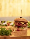 Burger with french fries and vegetables on wooden board, closeup Royalty Free Stock Photo