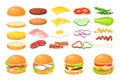 Burger fresh food ingredient set, cartoon fastfood cafe hamburger maker collection