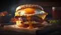 Burger with fried egg and bacon on a wooden board, dark background Royalty Free Stock Photo