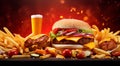 Burger And Fries On Abstract Background, Fastfood Wallpaper, Burger And Fries On The Table, Fastfood Banner