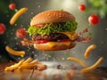 Burger and fries floating weightlessly Royalty Free Stock Photo