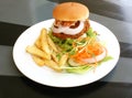 Burger and Fries on a Plate Royalty Free Stock Photo