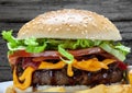 Burger with grilled meat, tomato, onion, lettuce, bacon french fries Royalty Free Stock Photo