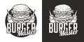 Burger or hamburger and bottle sauce for logo of cafe. American fast food or USA food for restaurant