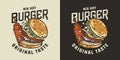 Burger or hamburger and bottle sauce for logo of cafe. American fast food or USA food for restaurant