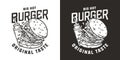 Burger or hamburger and bottle sauce for logo of cafe. American fast food or USA food for restaurant