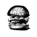 Burger, hamburger. drawing black and white silhouette, graphic,