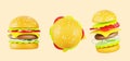 Burger or hamburger fly motion with ingredients, side and top view 3d render icon set. Isolated fast food beef