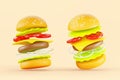 Burger or hamburger fly motion with slice ingredients 3d render icon set. Isolated fast food with bread, sesame, meat