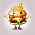 Burger hamburger french fries tasty happy face junk food Royalty Free Stock Photo