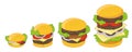 Burger size. Fast food. Calculation of increasing calories. Hamburger infographic. Vector illustration. Royalty Free Stock Photo