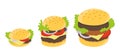 Burger size. Fast food. Calculation of increasing calories. Hamburger infographic. Vector illustration. Royalty Free Stock Photo