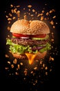 Burger heart on a black background. Generative AI, Royalty Free Stock Photo