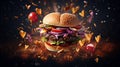 Burger heart on a black background. Generative AI,