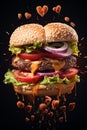 Burger heart on a black background. Generative AI, Royalty Free Stock Photo