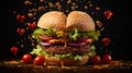 Burger heart on a black background. Generative AI, Royalty Free Stock Photo