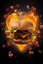 Burger heart on a black background. Generative AI, Royalty Free Stock Photo