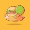 Burger holding broccoli riding a hot dog vector illustration.