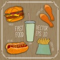 Burger, hot-dog, soda, french fries, chicken legs on wooden background. fast food for cafe and restaurant menu. Vector Royalty Free Stock Photo