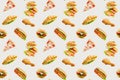 Burger, hotdog, sandwich, chicken leg and pizza Pattern Background Design. fast food, Isolated on White Background